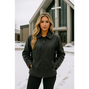 St Johns Bay Leather Coat Black Genuine Zip Front XXL Quilted Lining Streetwear